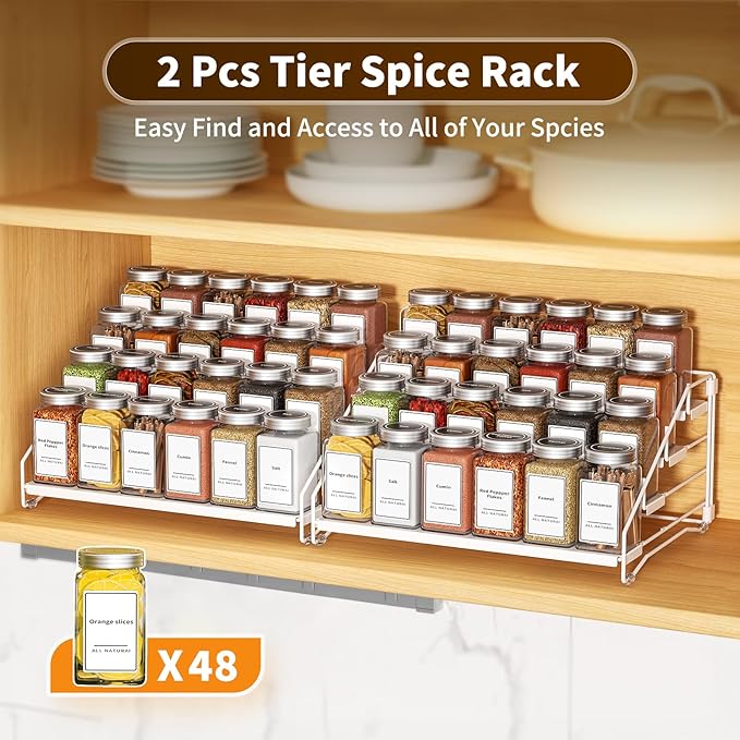 Spice Organization for Cabinet, Spice Rack Organizer, Spice Rack Organizer for Cabinet, Depth Adjustable Seasoning Organzier Organizer for Cabinet, Countertop, Pantry, Metal, White (2 Pack)