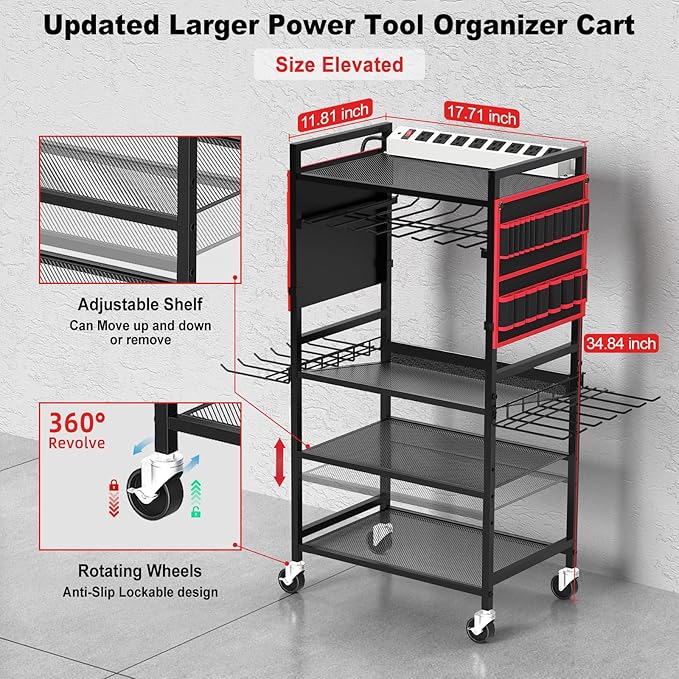 JUNNUJ Garage Large Power Tool Organizer Cart with 20A Charing Station, Heavy Duty Drill and Tools Battery Holder Storage Rack, Floor Standing Rolling Tool Cart on Wheels, Red