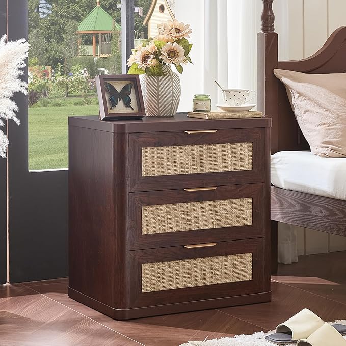 LEYAOYAO Rattan Night Stand Set of 2 with Charger Station, 23" Large 3 Drawer Boho Nightstand, Walnut Bedside Table Storage Cabinet, Bed Side End Tables for Bedroom, Living Room, Hallway