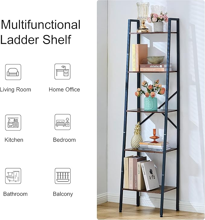Hoctieon Industrial Ladder Bookshelf, Multifunctional Ladder Shelf, 5-Tier Tall Bookshelf, Open Ladder Shelf Bookcase, for Living Room, Home Office, Kitchen, Bedroom, Metal Frame, Rustic Brown