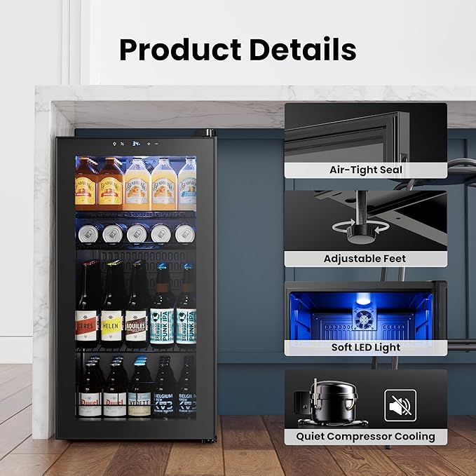 Yeego Beverage Refrigerator Cooler, 105 Cans Drink Fridge with Glass Door for Soda Beer or Wine, Beverage Cooler with 34°F-54°F Digital Temperature Control for Home, Office, Bar (Black)