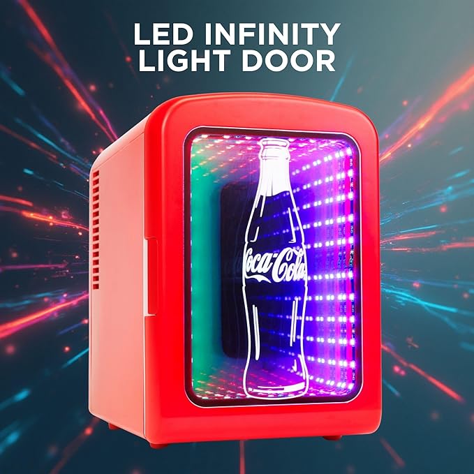Coca-Cola 4L / 6-Can Mini Fridge with Multi-Color LED Light – Portable Thermoelectric 12V DC/110V AC Quiet Cooler/Warmer for Bedroom, Office, Car, Gaming Room, Mini Refrigerator for Drinks & Skincare