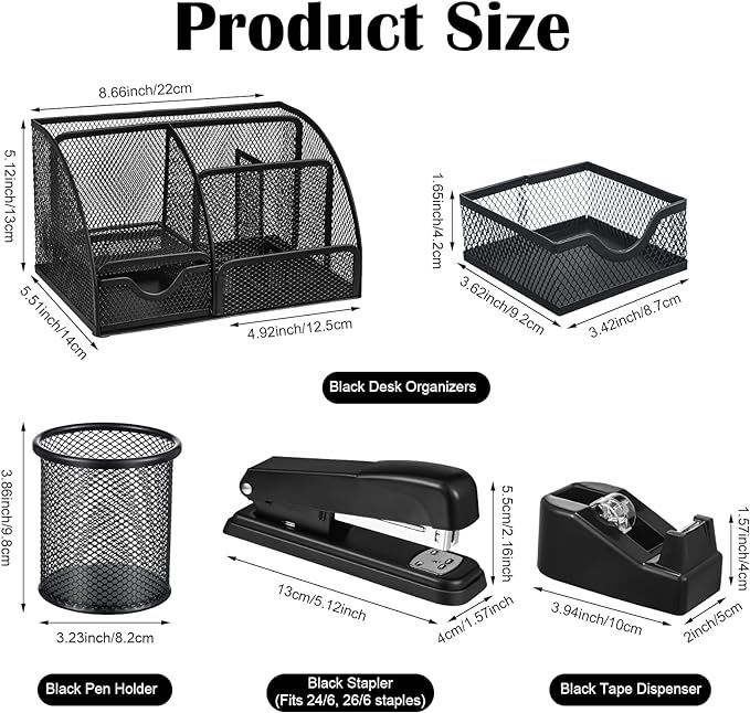 Black Desk Organizer and Accessories, Black Desk Asccessories Office Supply Kit Include Mesh Desktop Organizer Stapler 1000 Staples Tape Dispenser Pen Holder Staple Remover Clips Ruler Scissors