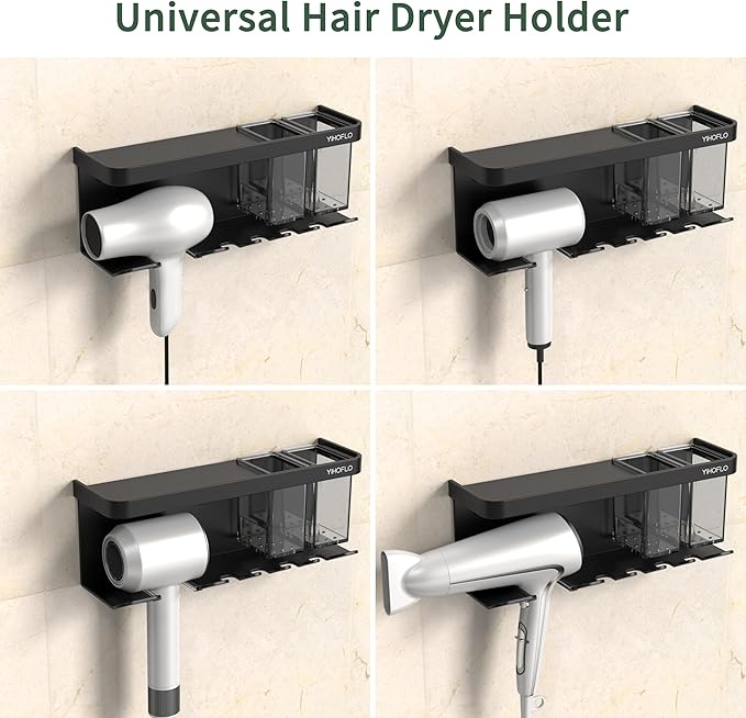 Hair Dryer Holder Wall Mounted Adhesive/Drilling, Hair Dryer Storage Organizer with Shelf & Hooks for Bathroom, Blow Dryer Holder, Hair Tool Organizer (Black)