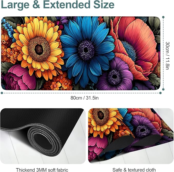 Flower Gaming Mouse Pad 31.5"x11.8"Desk Mat Anti-Slip Rubber Base & Durable Stitched Edges for Gamers Smooth Mouse Writing Surface for Desk Office/Home