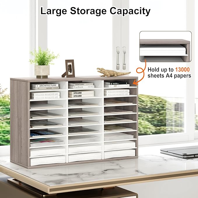 Literature Organizer 27 Slots Wooden Mailboxes for Classroom Office Mail Organizer Countertop Vertical File Sorter with Adjustable Shelves Heavy Duty Office Mailbox Cubbies, Retro Grey/White