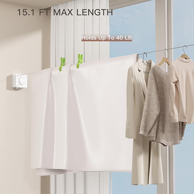Retractable Clothesline Indoor Outdoor,Clothes Line Retracting Indoor, Retractable Clothes Line Wall Mounted Drying Rack Clothing Line, Laundry Line with Stainless Steel Line-15.1 Feets(White)