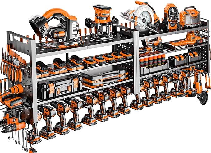 66" W Super Large Power Tool Organizer Wall Mount,Heavy Duty Cordless Tool Organizer with 18 Drill Holder,600 Lbs Capacity 4-Layer Garage Organization for Garage and Workshop (Black)