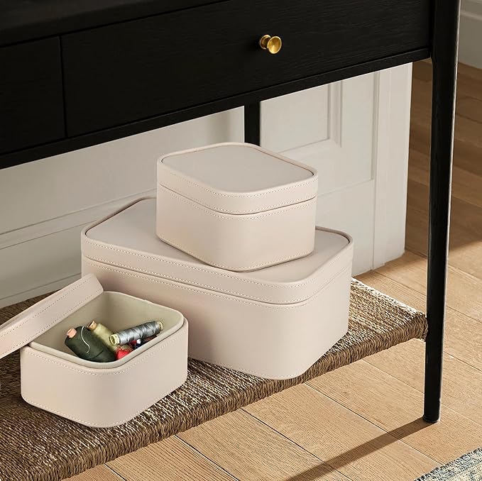 HofferRuffer Faux Leather Decorative Storage Boxes, Dust proof Storage Shelf Baskets with Lids Trays, Storage Bins Memory Box Organizer for Home, Office, Jewelry & More, Set of 3 (CreamWhite)