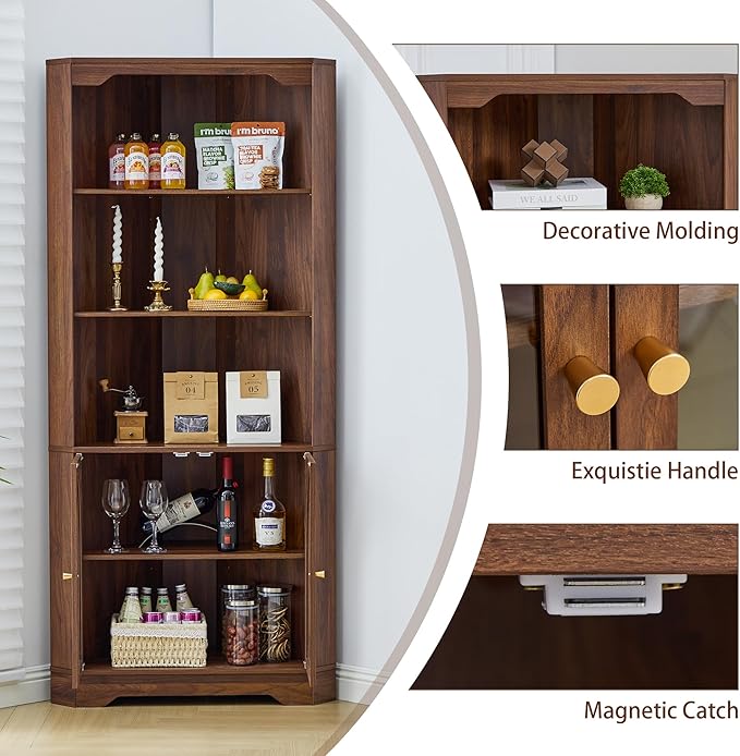 70" H Tall Coner Cabinet with Door & Adjustable Shelves, Mid-Century Farmhouse Wood Storage Cabinet, Home Pantry Hutch for Kitchen, Dining Living Room, Bathroom, Antique Dispaly (Walnut)