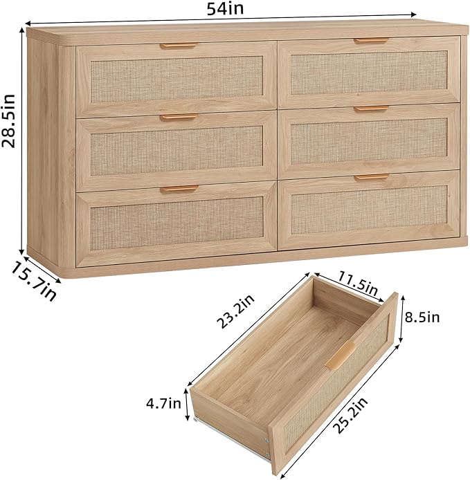 LEYAOYAO Rattan 6 Drawer Dresser for Bedroom Set of 2, Boho 54" Wide Natural Wood Dresser Chest of Drawers, Dressers TV Stand with Metal Handle, Storage Dressers Closet Organizer for Living Room