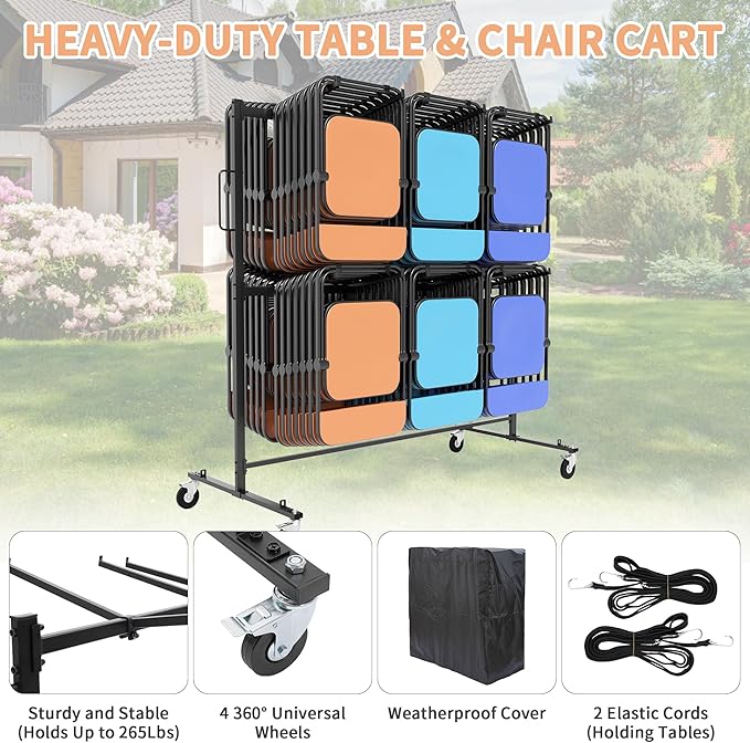Folding Chair Rack with Wheels, Folding Chair Cart for 84 Chairs or 12 Tables,Heavy Duty Steel Holder, Rolling Storage Rack Dolly, Chair Storage Holder W/Elastic Cords,Dust Cover (Double Layer)
