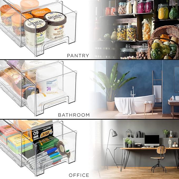Sorbus Plastic Storage Bins Stackable Clear Pantry Organizer Box Bin for Organizing Kitchen Fridge, Food, Snack Pantry, Fruit, Vegetables, Bathroom, Wide & Narrow Deep (6 Pack)