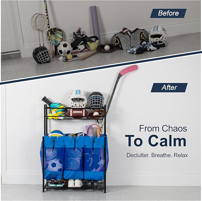 KASSELL Garage Sports Organizer Storage rack for sports equipment Ball, Heavy Duty Toy and Gear Storage Organizer with Grab and go bags (Black)