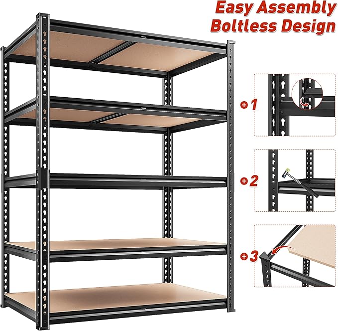 REIBII 2020LBS Storage Shelves 5 Tier Garage Shelving Heavy Duty, Adjustable Metal Shelving, Garage Shelves for Basement, Warehouse, Pantry, Closet, Kitchen 72" H x 35.55" W x 16" D, Black, 4 Pack