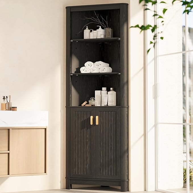 69" Tall Corner Shelf with Doors, 7-Tier Corner Storage Cabinet with Doors, Space Saver Shelf for Bathroom, Bathroom Floor Cabinet for Living Room Kitchen, Hallway