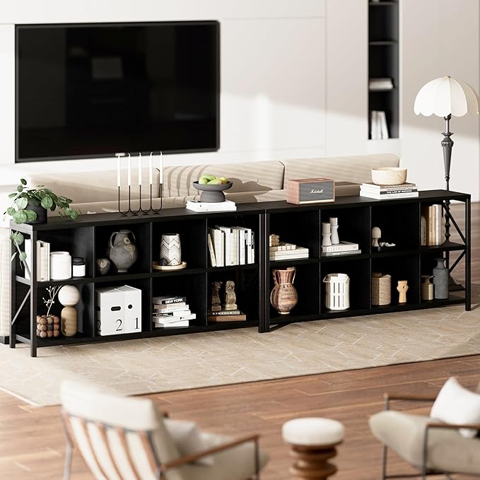 otlectics 2-Tier Bookcase with 8 Cubes, 63 Inch Industrial Horizontal Bookshelf, Home Office Storage Cabinet Organizer with Metal Legs, Black