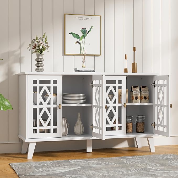 Scurrty 52" Buffet Cabinet with Storage,Sideboard with 4 Doors, Skeletonized Coffee Bar with Storage, Sideboard Cabinet for Dinning Room, Kitchen & Living Room (White)