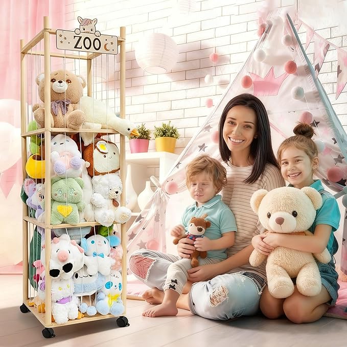 Stuffed Animal Storage Organizer, 55In Large Wooden Zoo Toy Storage Holder with Brake Wheels & Elastic Band, Space Save Stuffy Plushies Organizers for Playroom, Bedroom and Nursery