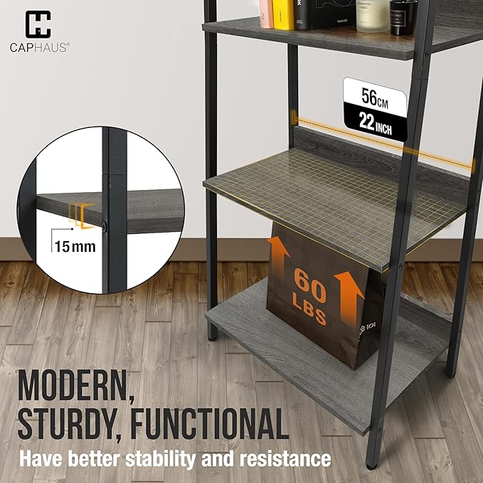 CAPHAUS 4 Tier Ladder Bookshelf, 24 Inch Width Free Standing Shelf, Bookcase Shelf Storage Rack Organizer, Industrial Book Shelves for Home Office, Living Room, Kitchen, Dark Grey Wooden Shelves