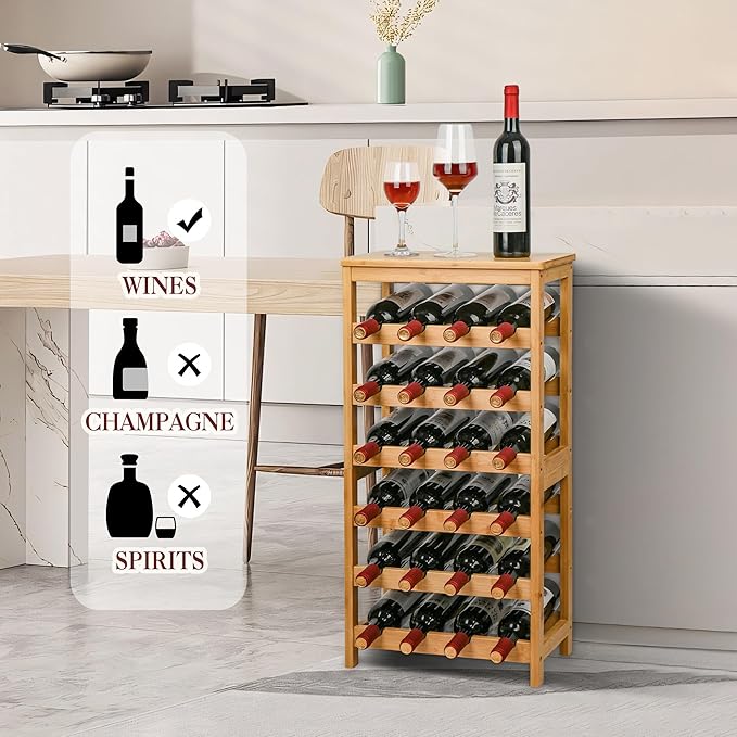 VASMIA Wine Rack Free Standing Floor, 6-Tier Display Wine Storage Shelves with Table Top, 24-Bottle Bamboo Wine Rack Shelf for Kitchen Bar Dining Room Living Room, Natural