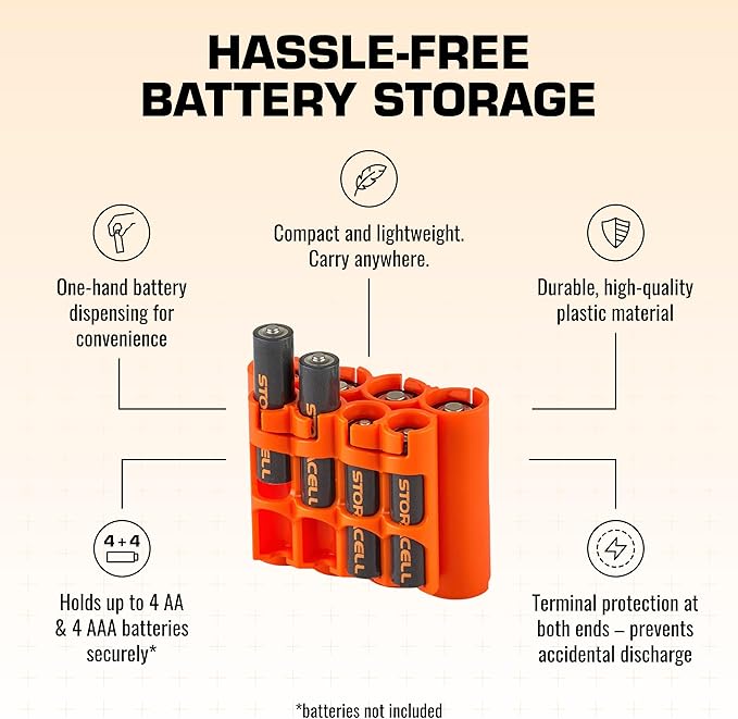 Storacell AA + AAA Combo Battery Storage Caddy and Dispenser (Pack of 2), Orange, Holds 4 AA + 4 AAA Batteries (Not Included), Durable & Compact Design, The Original Battery Caddy, Made in USA