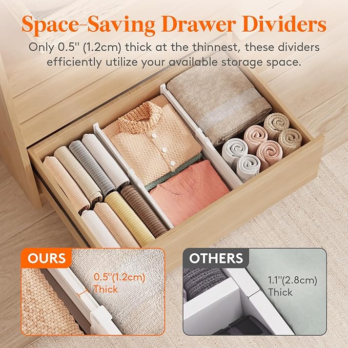 Lifewit 8" High 4 Pack Deep Drawer Dividers, 13.8-22.5" Adjustable Dresser Drawer Divider, White Drawer Organizer for Clothes, Tall Drawers Separators for Dresser, Kitchen, Bedroom, Cabinet, Office