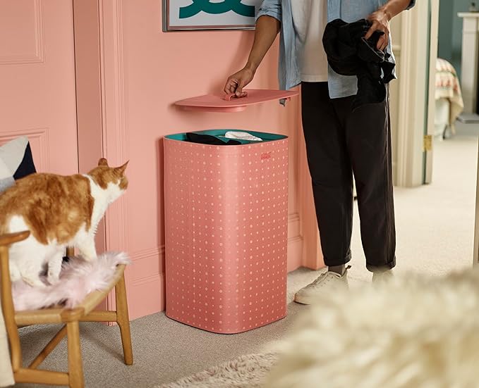 Joseph Joseph Tota Pop 60 liter/15.8 gallon Laundry Hamper Separation Basket with lid, 2 Removable Washing Bags with Handles- Coral/Green