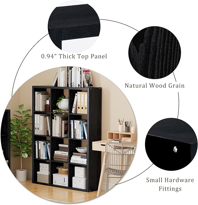 Cube Storage Organizer Bookcase, Decorative 11 inch Open Back Cubical Shelf with Thickened Border, Display Bookshelf for Living Room, Home Office, Sturdy Room (Black, 12 Cube)