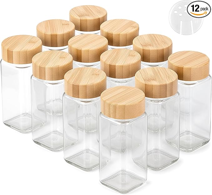 Glass Spice Jars and Bamboo Lids (12 x 4oz) Spice Containers with Shaker Inserts - Add-On Pack Without Labels or Accessories