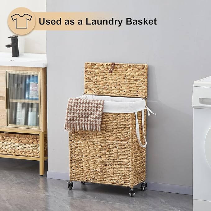 Rolling Laundry Hamper with Lid and Wheels, Slim Laundry Basket with Removable Liner Bag & 2 Mesh Bags, Handwoven Water Hyacinth Clothes Hamper for Bedroom Bathroom (Natural, 85L)