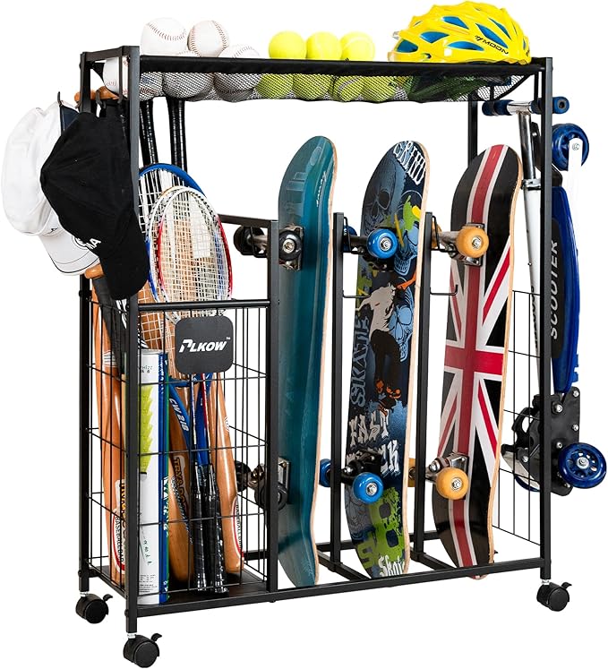 PLKOW Skateboard Storage Rack with Wheels, Sports Organizer for Skateboards, Scooters, Balls, Helmets and Sports Gear, Heavy Duty Sports Storage Rack for Garage, Home or School Use