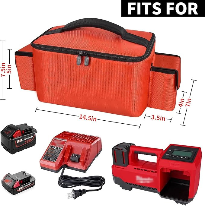 Air Compressor Bag Compatible with Milwaukee M18 Inflator 2848-20/2771-20, Air Pump Carrying Box for Milwaukee Tools,Storage Holder for 18V 3.0/4.0/5.0/6.0/6.5/7.0/8.0Ah Battery (Case Only)-Red