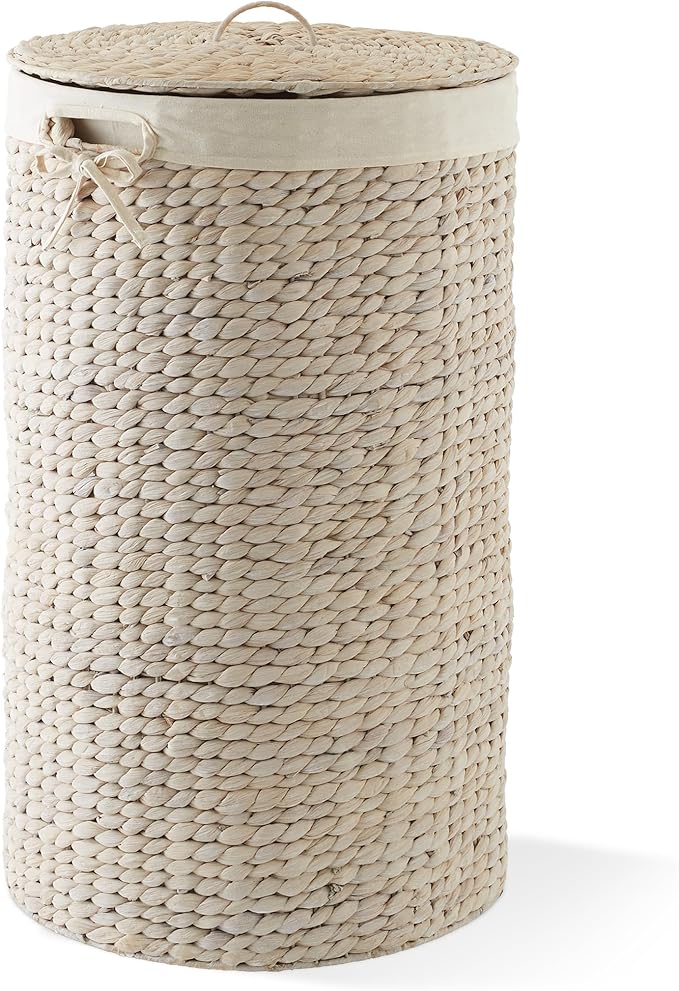 Casafield Round Laundry Hamper with Lid and Removable Liner Bag - Whitewash, Woven Water Hyacinth Wicker Laundry Basket for Clothes and Towels