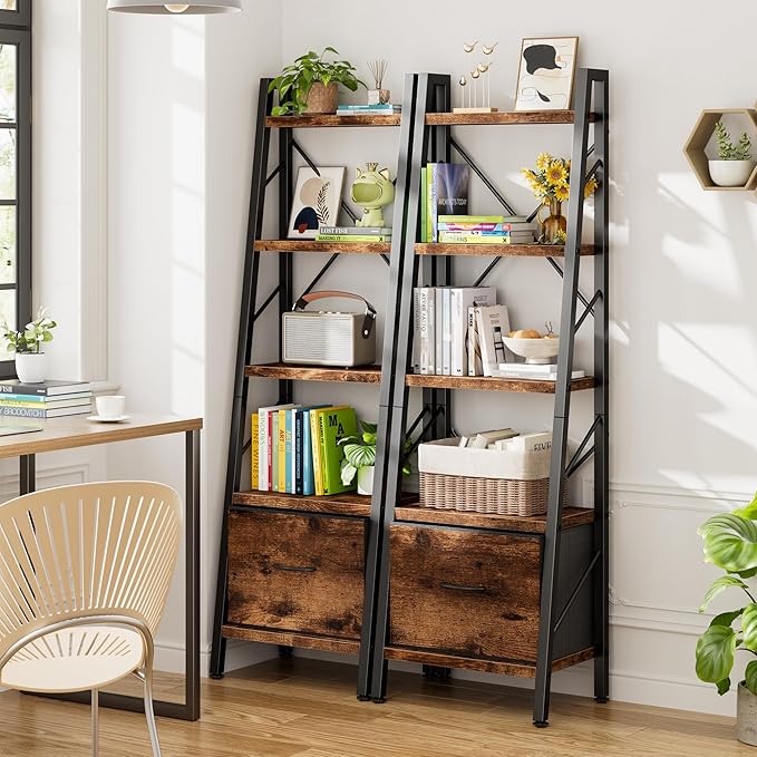 Vongrasig Ladder Bookshelf with Drawer, 5 Tier Industrial Bookcase Display Shelf, Tall Narrow Bookcase Corner Freestanding Rack Storage Organizer for Home Office, Living Room