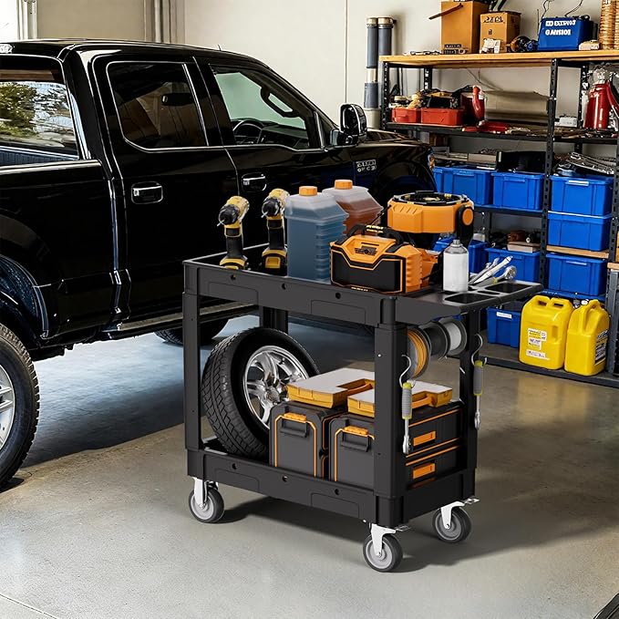 2 Tier Plastic Rolling Utility Cart on Wheels, Heavy Duty Tool Cart with Deep Shelves and 360° Swivel Wheels Holds up to 550 lbs, Service Cart for Warehouse,Garage, Cleaning (Black-M)