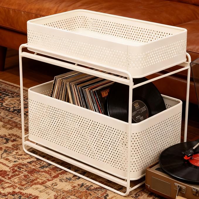 Slide Out Under Sink Organizer, 2 Tier Steel Sink Shelf Cabinet Storage Seasoning Organizer Rack with Guardrails for Kitchen Bathroom Laundry Room Office School