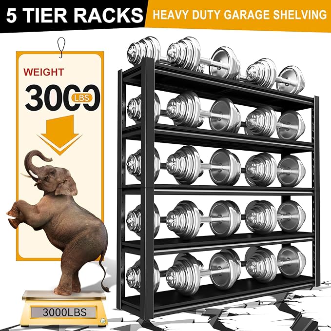 72" H Garage Shelving, 5 Tier Heavy Duty Metal Shelving with Adjustable Shelves, 3000LBS Storage Racks, Shelf Storage Units, Utility Shelves for Garages, Basements, Warehouses, Supermarkets