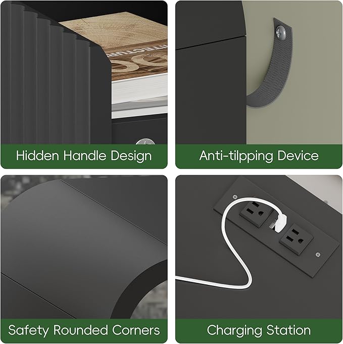 Black Nightstand with Charging Station, Mid Century Modern Bedside Table & End Table, Fluted Wood Small Night Stand with 2 Hidden Drawers and Storage Shelf for Bedroom