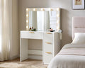 AMERLIFE 36.2" Fluted Vanity Desk with Large Mirror and Adjustable LED Lights, 4 Drawers Makeup Table with Glass Top and Charging Station for Women and Girls, Bedroom or Dorm, White