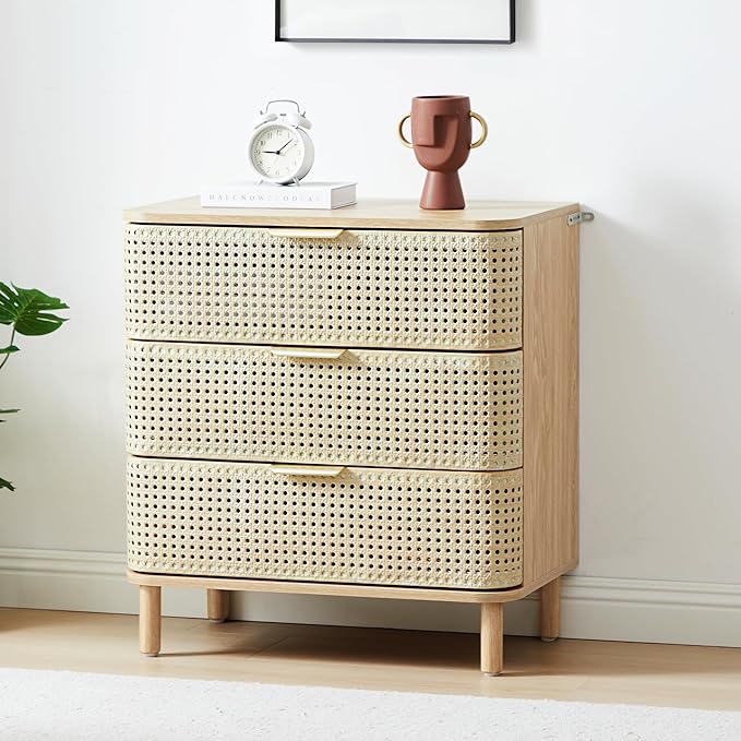 ORRD 3 Drawer Dresser Set of 2, Modern Iron Rattan Cabinet Dresser for Bedroom, Large Nightstand Accent Storage Chest of Drawers for Living Room, Bedroom - Natural