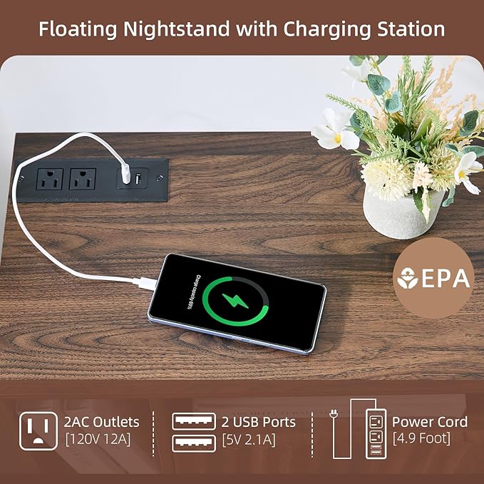 Modern Walnut Fluted Floating Nightstand with Charging Station, NightStand with Drawers, Bedside with USB Ports and Outlets, Bedroom Furniture (Left)