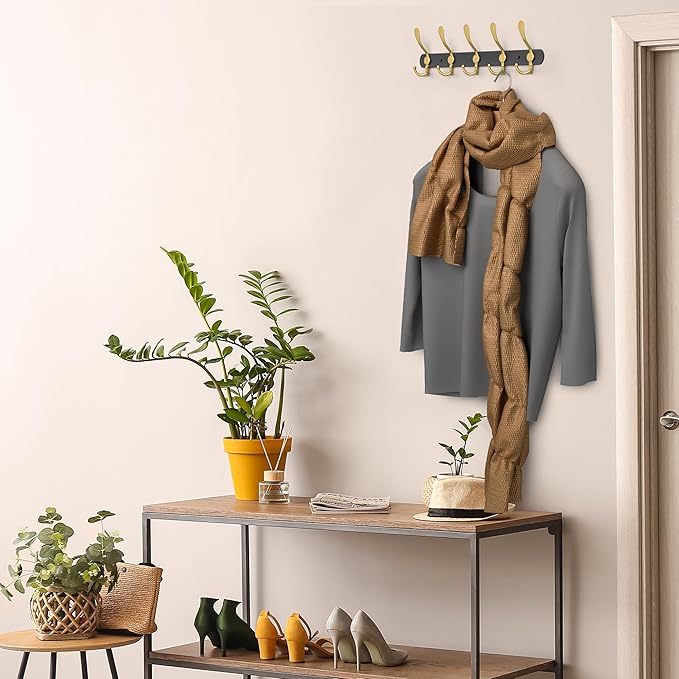 Coat Rack Wall Mount with 5 Tri Hooks, Stainless Steel 16 Inch – Black & Gold Matte Finish, Heavy Duty Wall Mounted Hook Rack for Coats, Hats, Towels, Scarfs, Robes, Bags, Entryway & Bathroom, 3 Pack