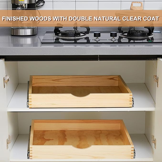 Menkxi 2 Set Pull out Tray Cabinet Organizer Wooden Pull Drawers storage Slide out Pantry Shelf for Base Cabinet Kitchen Gentle Close Fully Assembled Accessories(Wood Color,24'' X 21'' X 3'')