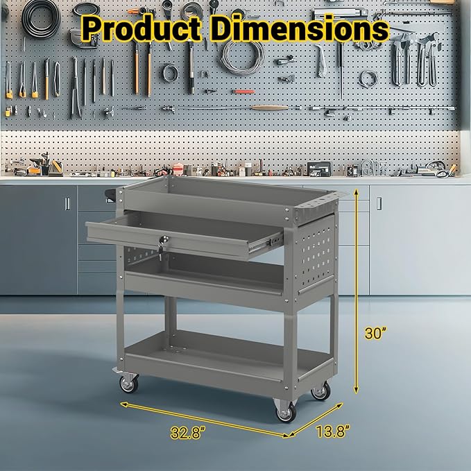 3 Tier Rolling Tool Cart on Wheels, 550 LBS Tool Cart with Drawers，Heavy Duty Utility Cart with Pegboard and Hook，Mechanic Tool Storage Cart for Garage, Warehouse and Repair Shop(Gray)