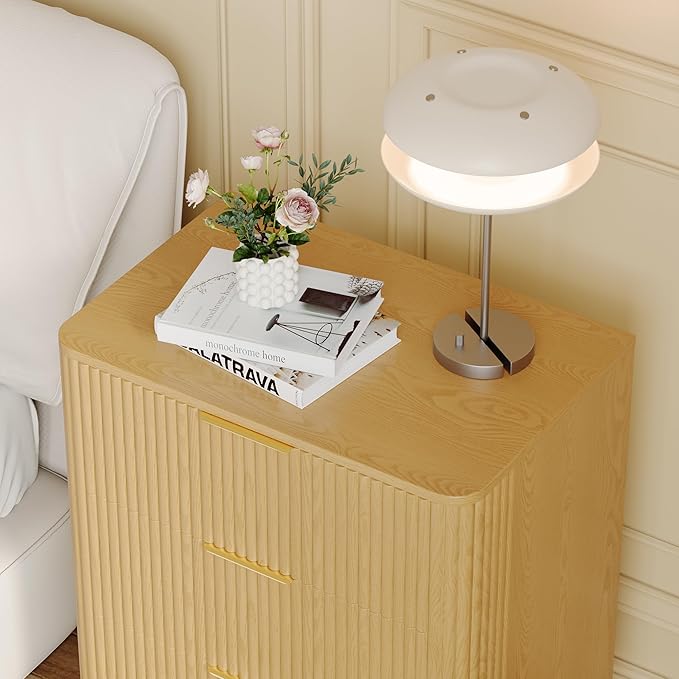 3 Drawer Fluted Dresser for Bedroom, Modern Closet Dressers Chest of Drawers, 23.6" Rustic Wood Nightstand 3-Drawer Dresser Bedside Table, Curved End Table with 3 Large Drawers for Living Room Natural