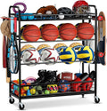 Garage Sports Equipment Organizer - Rolling Ball Storage Bin with Wheels, Garage Sports Gear Rack Outdoor Basketball Racks for Balls with Baseball Bat Holder and Hooks, Toy Organizer