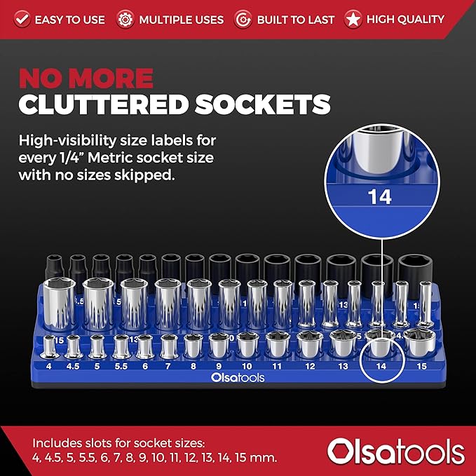 Olsa Tools Magnetic Socket Organizer (1/4-Inch Drive, 3 Row) - Magnetic Tool Organizer & Holder - Metric Blue - Holds 42 Sockets - Professional Grade - Part: 1554