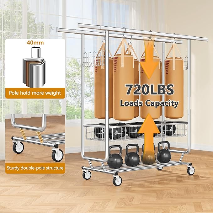 Heavy Duty Clothes Rack with Metal Basket, 720 LBS Rolling Double Rod Garment Rack, Portable Extendable Clothing Rack with Wheel for Bedroom, Laundry Room & Retail Store