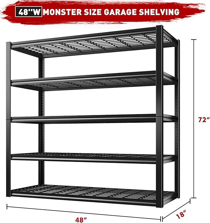 REIBII 48" W Garage Shelving Heavy Duty Load 2500LBS, 5 Tier Storage Shelves, Adjustable Metal Shelves for Warehouse, Pantry, Basement, 48" W X 72" H X18 D, 2PC